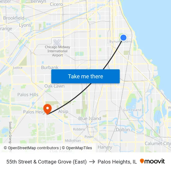 55th Street & Cottage Grove (East) to Palos Heights, IL map