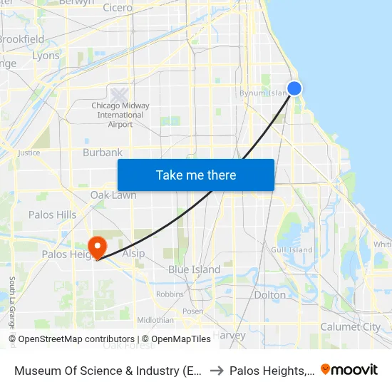 Museum Of Science & Industry (East) to Palos Heights, IL map