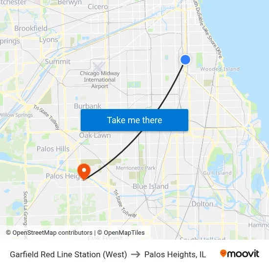 Garfield Red Line Station (West) to Palos Heights, IL map