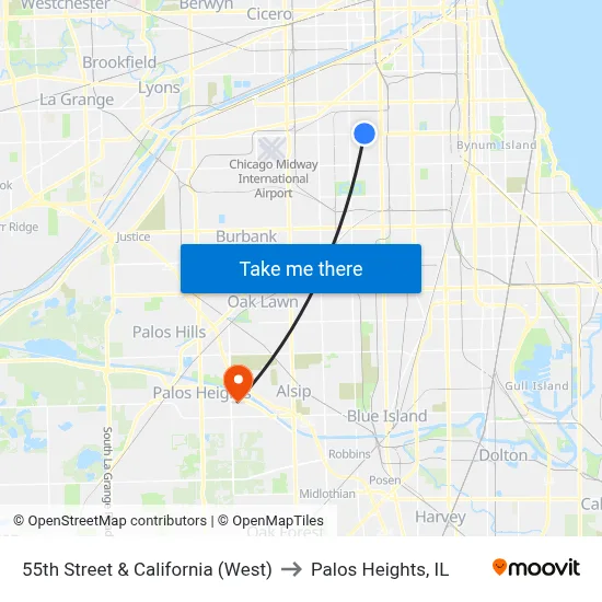 55th Street & California (West) to Palos Heights, IL map