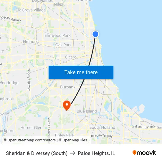 Sheridan & Diversey (South) to Palos Heights, IL map
