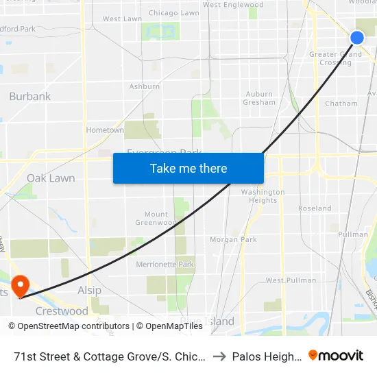 71st Street & Cottage Grove/S. Chicago (East) to Palos Heights, IL map