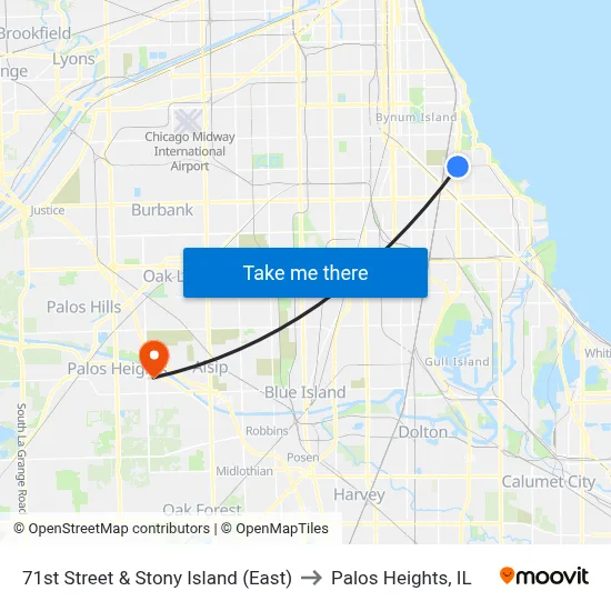 71st Street & Stony Island (East) to Palos Heights, IL map