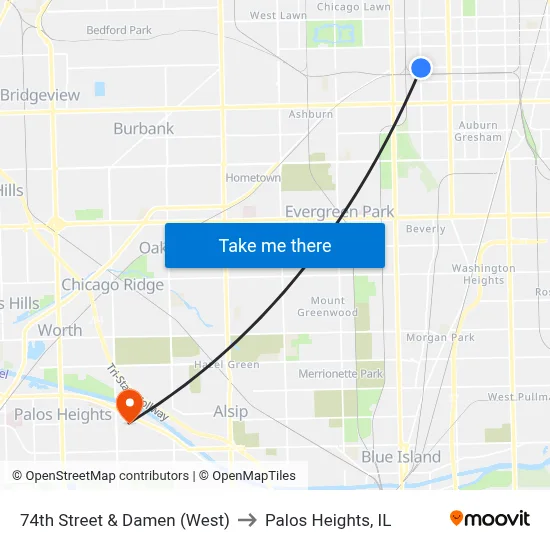 74th Street & Damen (West) to Palos Heights, IL map