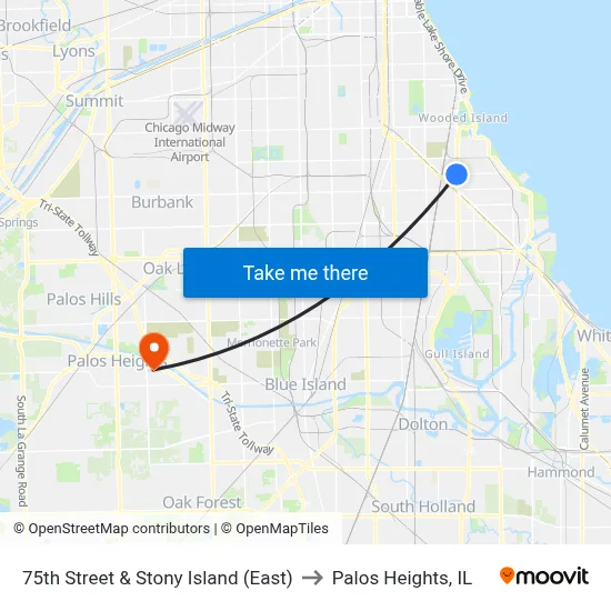 75th Street & Stony Island (East) to Palos Heights, IL map