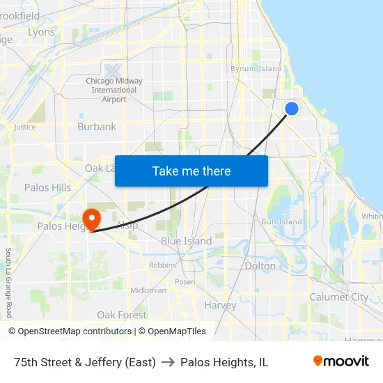 75th Street & Jeffery (East) to Palos Heights, IL map