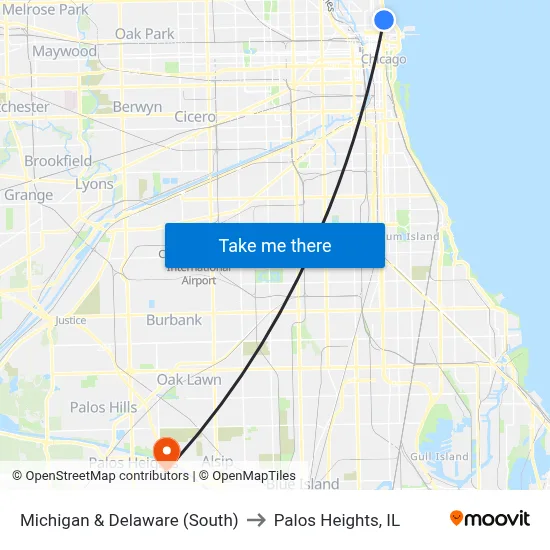 Michigan & Delaware (South) to Palos Heights, IL map