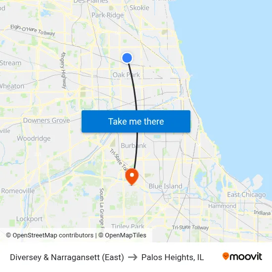 Diversey & Narragansett (East) to Palos Heights, IL map