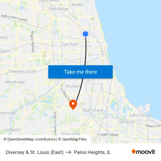 Diversey & St. Louis (East) to Palos Heights, IL map