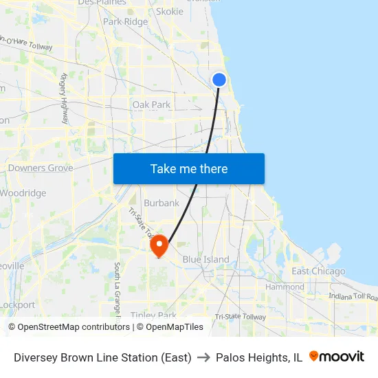 Diversey Brown Line Station (East) to Palos Heights, IL map