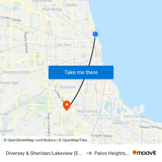 Diversey & Sheridan/Lakeview (East) to Palos Heights, IL map
