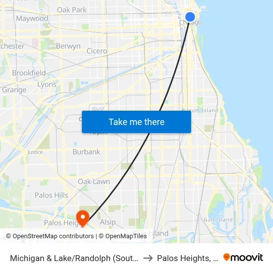 Michigan & Lake/Randolph (South) to Palos Heights, IL map