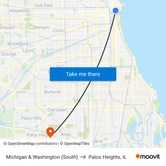 Michigan & Washington (South) to Palos Heights, IL map
