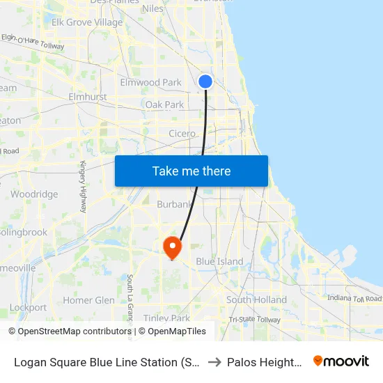 Logan Square Blue Line Station (South) to Palos Heights, IL map