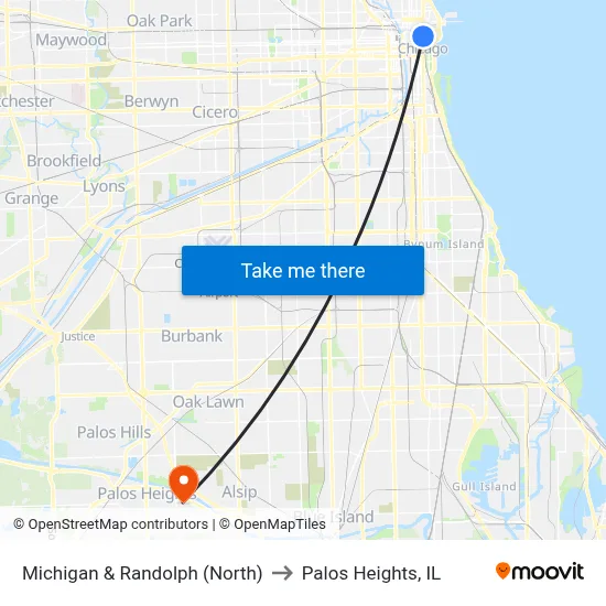 Michigan & Randolph (North) to Palos Heights, IL map