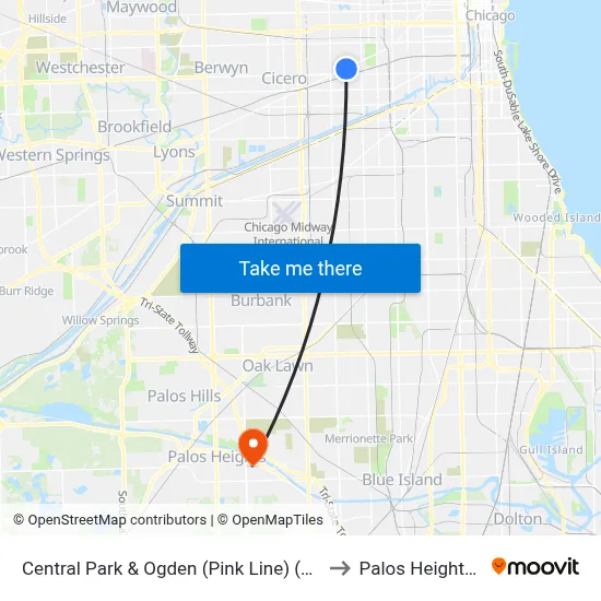 Central Park & Ogden (Pink Line) (South) to Palos Heights, IL map