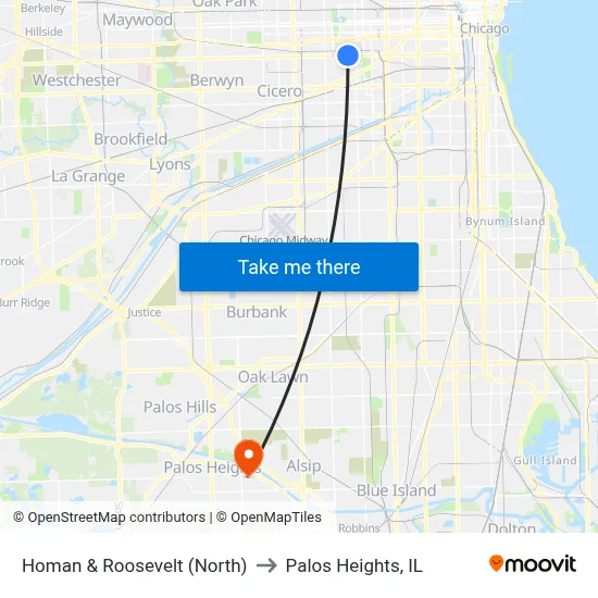 Homan & Roosevelt (North) to Palos Heights, IL map