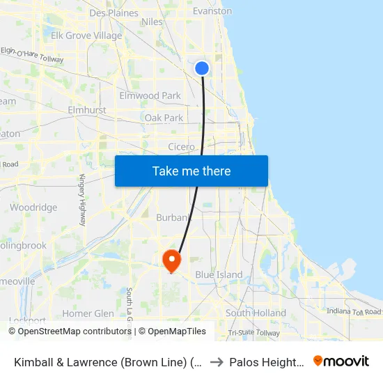Kimball & Lawrence (Brown Line) (North) to Palos Heights, IL map