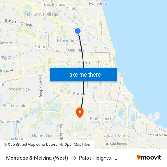 Montrose & Melvina (West) to Palos Heights, IL map