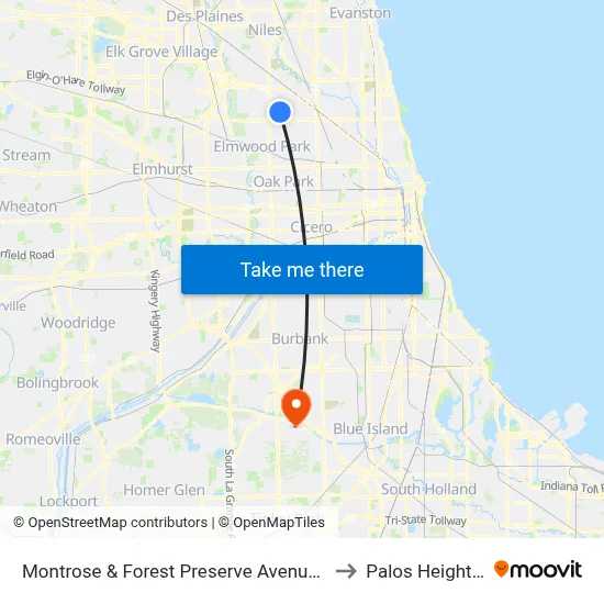 Montrose & Forest Preserve Avenue (West) to Palos Heights, IL map