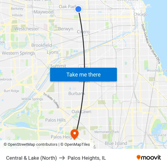 Central & Lake (North) to Palos Heights, IL map