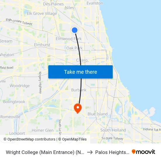 Wright College (Main Entrance) (North) to Palos Heights, IL map