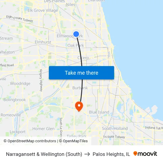 Narragansett & Wellington (South) to Palos Heights, IL map