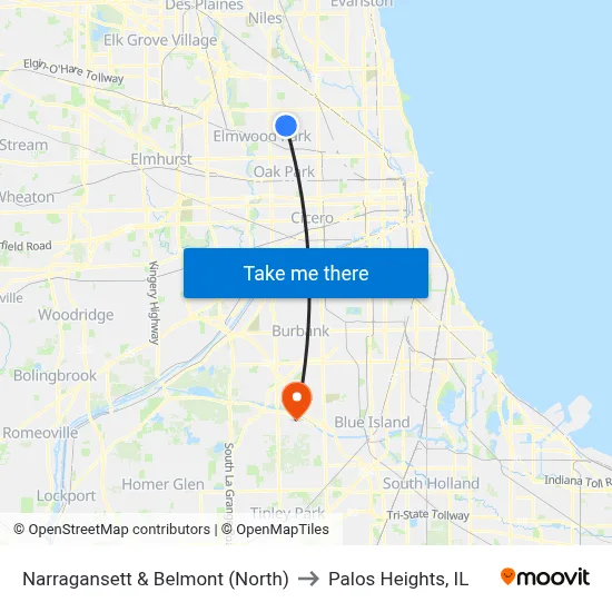 Narragansett & Belmont (North) to Palos Heights, IL map