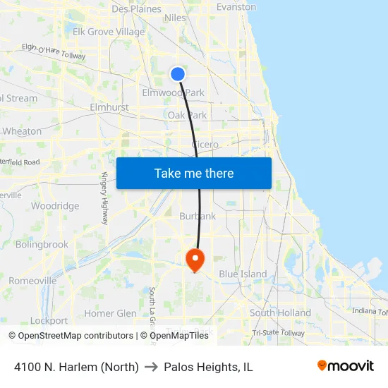 4100 N. Harlem (North) to Palos Heights, IL map