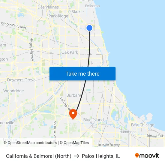 California & Balmoral (North) to Palos Heights, IL map
