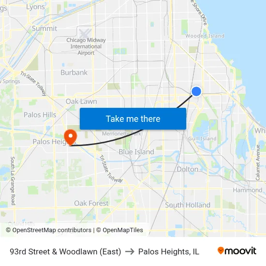 93rd Street & Woodlawn (East) to Palos Heights, IL map