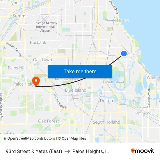93rd Street & Yates (East) to Palos Heights, IL map