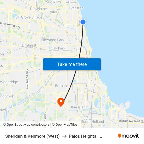 Sheridan & Kenmore (West) to Palos Heights, IL map