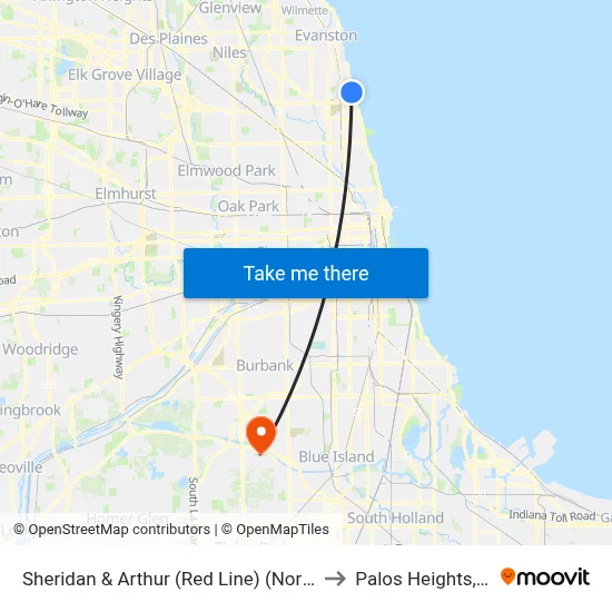 Sheridan & Arthur (Red Line) (North) to Palos Heights, IL map