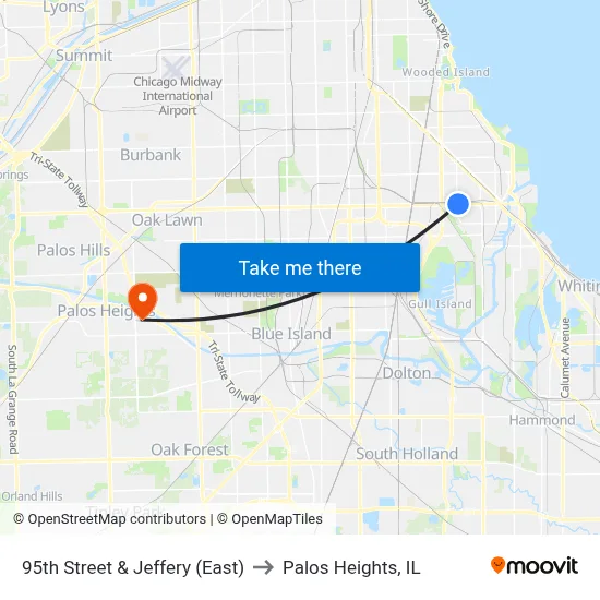 95th Street & Jeffery (East) to Palos Heights, IL map
