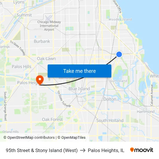 95th Street & Stony Island (West) to Palos Heights, IL map