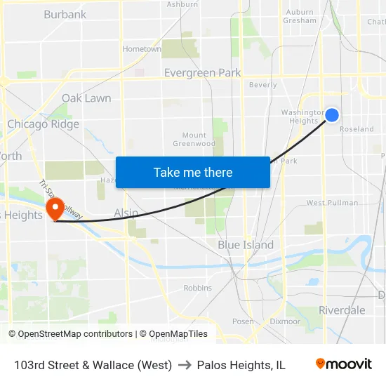 103rd Street & Wallace (West) to Palos Heights, IL map