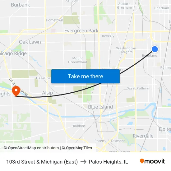 103rd Street & Michigan (East) to Palos Heights, IL map