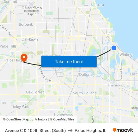 Avenue C & 109th Street (South) to Palos Heights, IL map