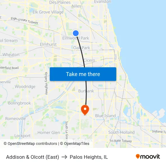 Addison & Olcott (East) to Palos Heights, IL map