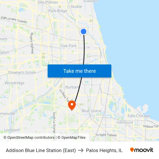 Addison Blue Line Station (East) to Palos Heights, IL map