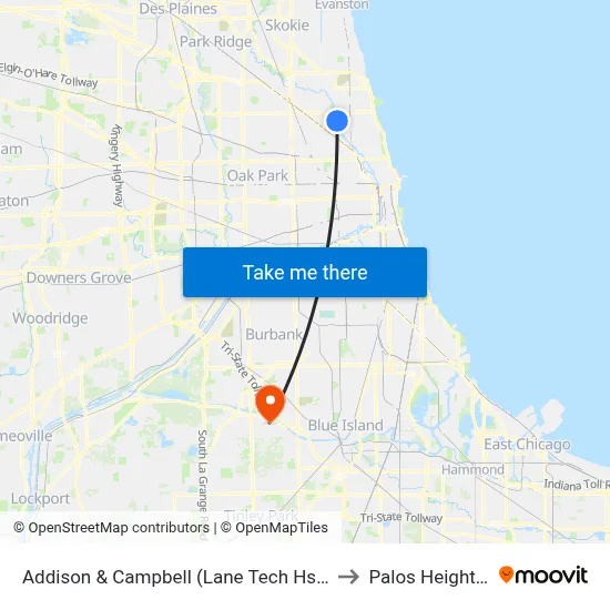 Addison & Campbell (Lane Tech Hs) (East) to Palos Heights, IL map