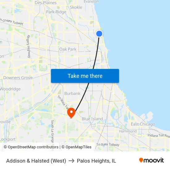 Addison & Halsted (West) to Palos Heights, IL map