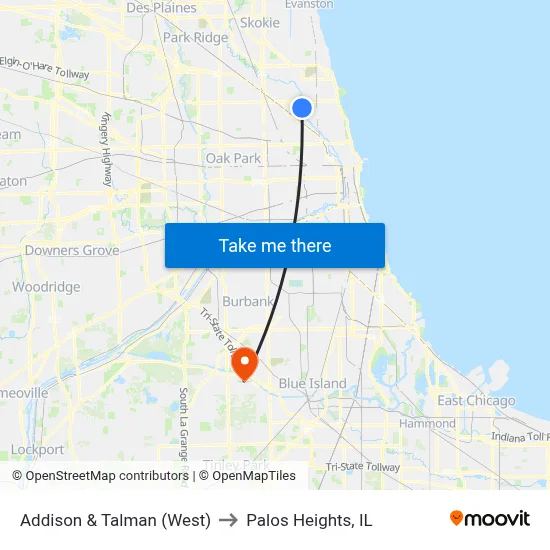 Addison & Talman (West) to Palos Heights, IL map