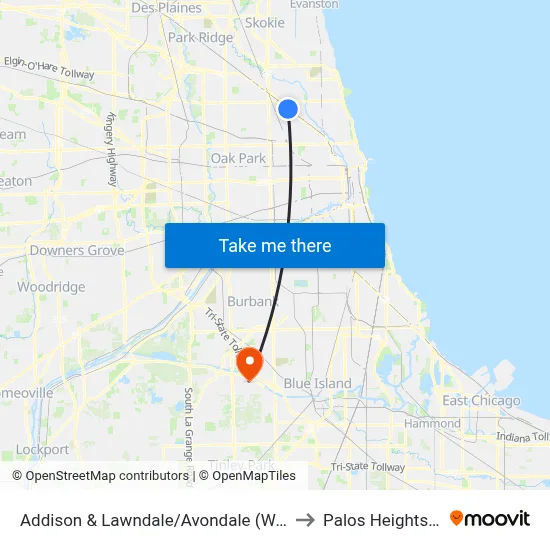 Addison & Lawndale/Avondale (West) to Palos Heights, IL map