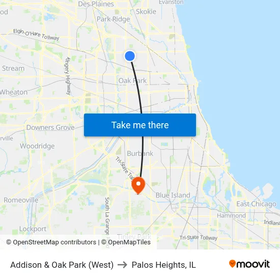 Addison & Oak Park (West) to Palos Heights, IL map