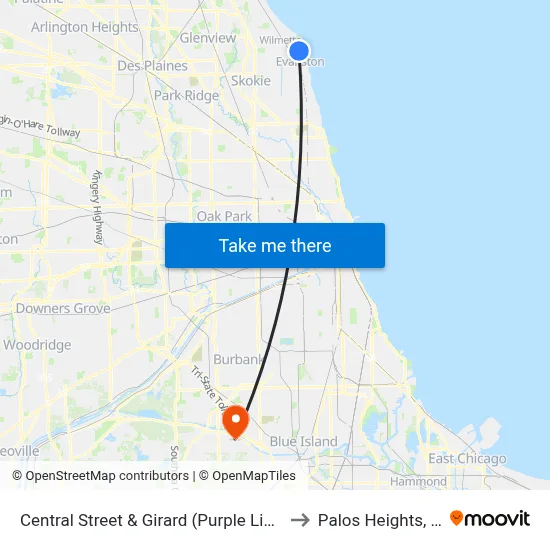 Central Street & Girard (Purple Line) to Palos Heights, IL map