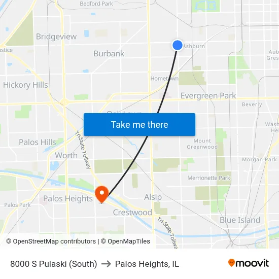 8000 S Pulaski (South) to Palos Heights, IL map