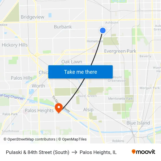 Pulaski & 84th Street (South) to Palos Heights, IL map