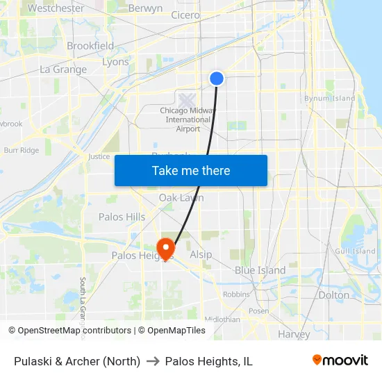 Pulaski & Archer (North) to Palos Heights, IL map